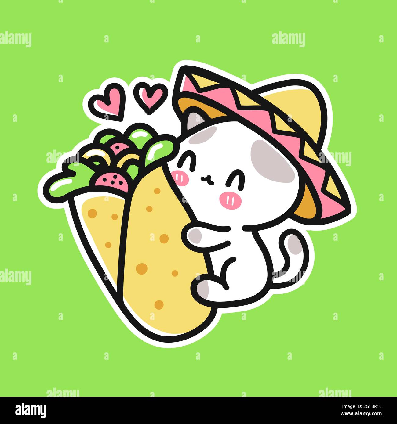 Carino gatto divertente in messicano cappello hugs burrito. Icona raffigurante il carattere kawaii del fumetto disegnato a mano del vettore. Adesivo, poster, stampa t-shirt, burrito e cartoni animati messicani Illustrazione Vettoriale