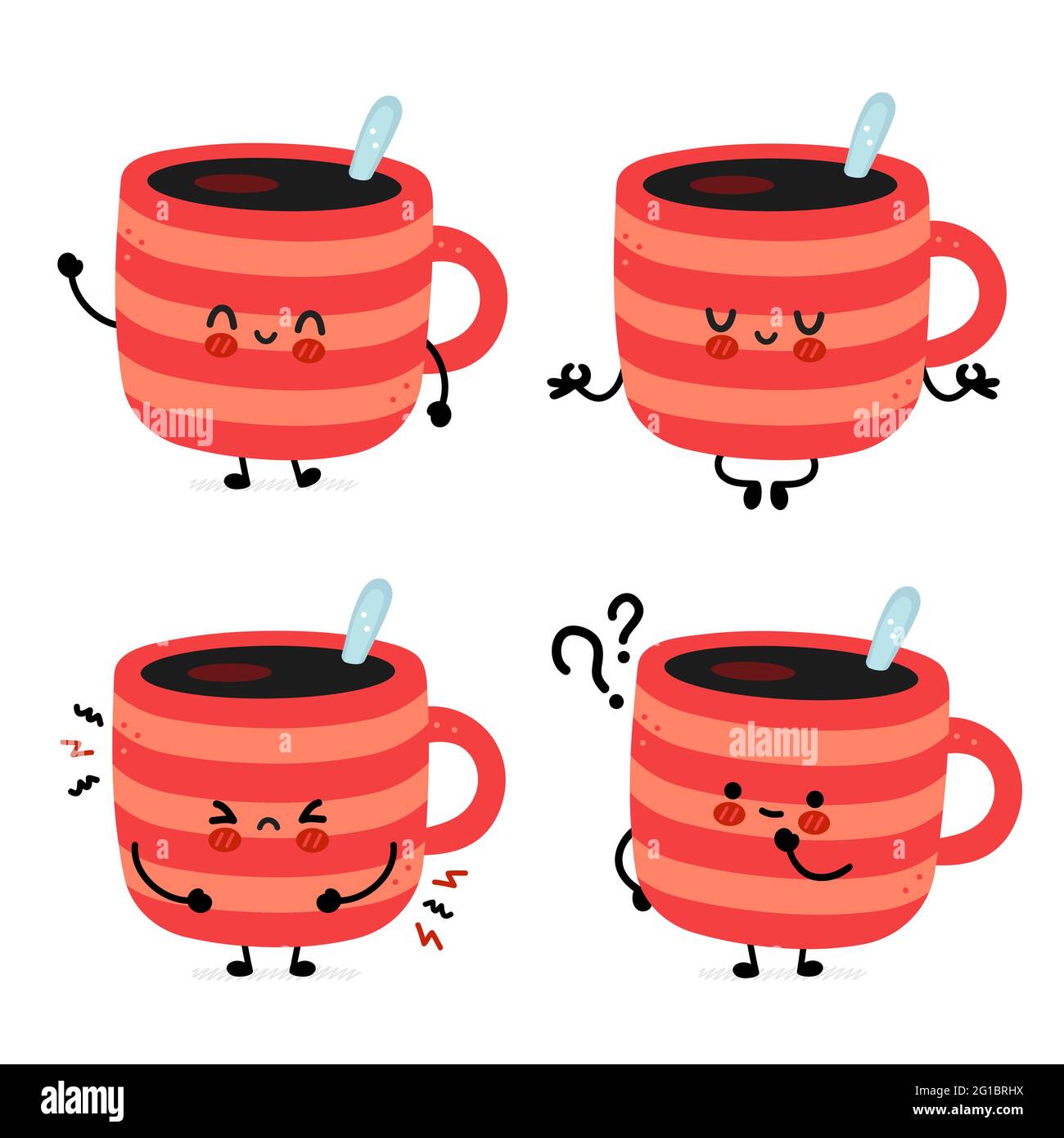 Carino divertente tazza di caffè raccolta set. Icona raffigurante il  carattere kawaii del fumetto disegnato a mano del vettore. Isolato su  sfondo bianco. Tazza di caffè o tè, concetto di pacchetto di