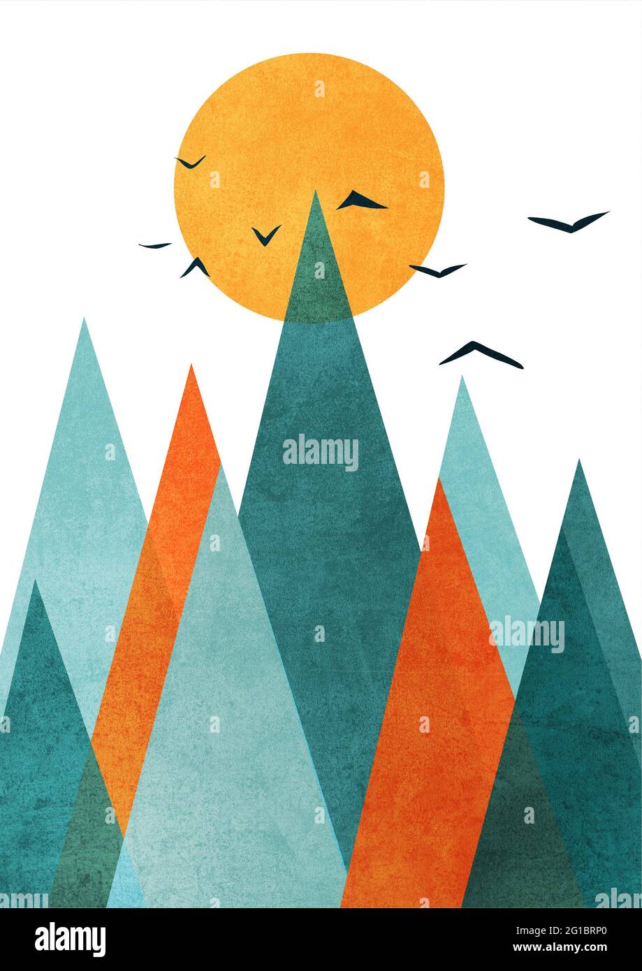 Colorato paesaggio geometrico e soleggiato con montagne in stile scandinavo. Illustrazione grafica moderna per stampa e poster. Foto Stock