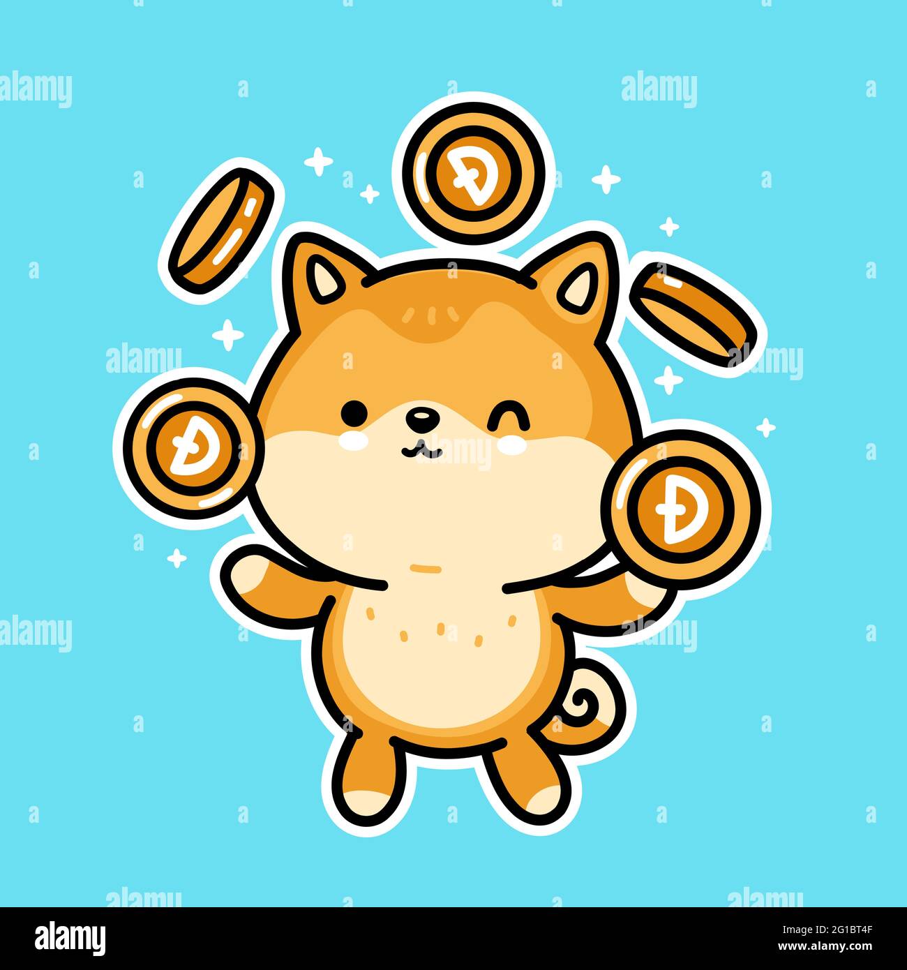 Carino divertente akita inu cane juggle oro Dogecoin monete carattere. Vettore disegno a mano cartoon kawaii personaggio illustrazione. Crypto Currency, concetto di carattere di denaro digitale dogecoin Illustrazione Vettoriale