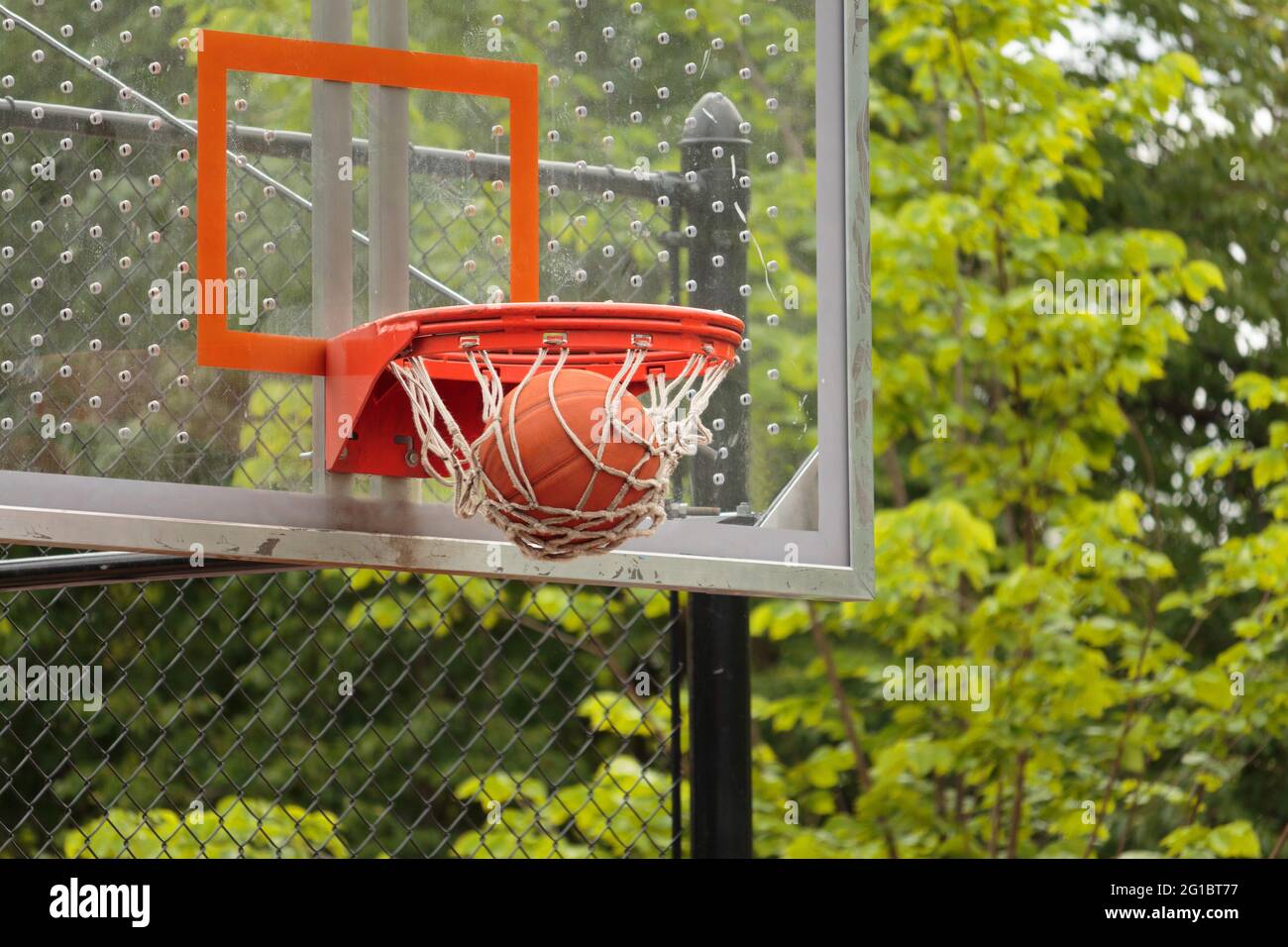 primo piano di un basket che passa attraverso la rete del cerchio di basket con backboard di vetro visibile e alberi in background, un punteggio nel gioco di basket Foto Stock