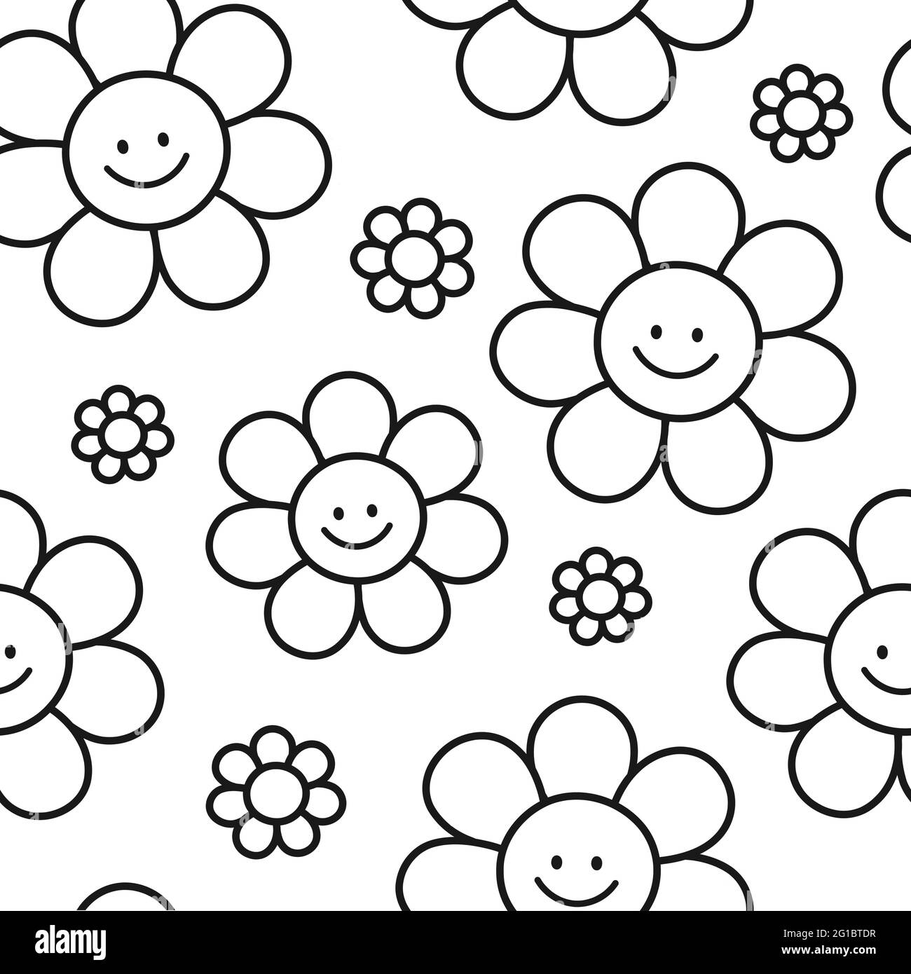 Carino fiori sorriso divertente senza cuciture modello. Grafica vettoriale a forma di cartoni animati piatti kawaii. Positivo sorriso fiori senza cuciture motivo colorazione pagina concetto Illustrazione Vettoriale