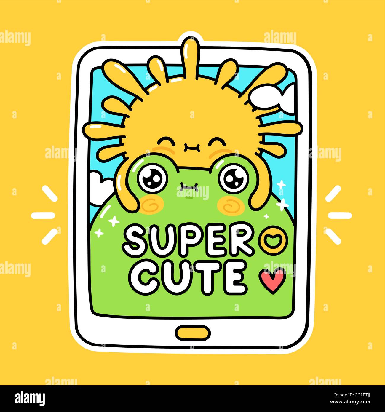 Carino divertente sole abbracci rana in smartphone. Icona dell'adesivo grafico kawaii disegnata a mano vettoriale. Divertente cartoon rana e sole nel concetto di carattere dei social media Illustrazione Vettoriale