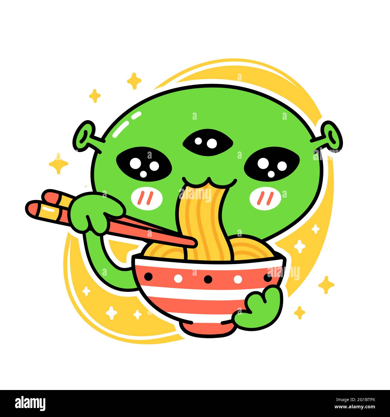 Carino divertente mangiare noodle dalla ciotola. Icona raffigurante il carattere kawaii del fumetto disegnato a mano del vettore. Isolato su sfondo bianco. Cucina asiatica, giapponese, coreano, mascotte mascotte cartone animato concetto di carattere Illustrazione Vettoriale