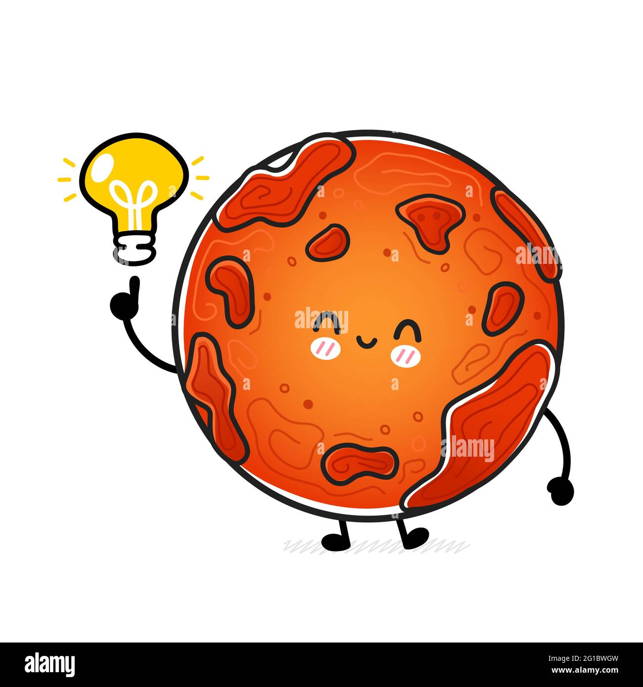 Carino divertente pianeta Marte felice con idea lampadina. Icona raffigurante il carattere kawaii del fumetto disegnato a mano del vettore. Isolato su sfondo bianco. Esplorazione spaziale, concetto di carattere del cosmo Marte Planet Illustrazione Vettoriale