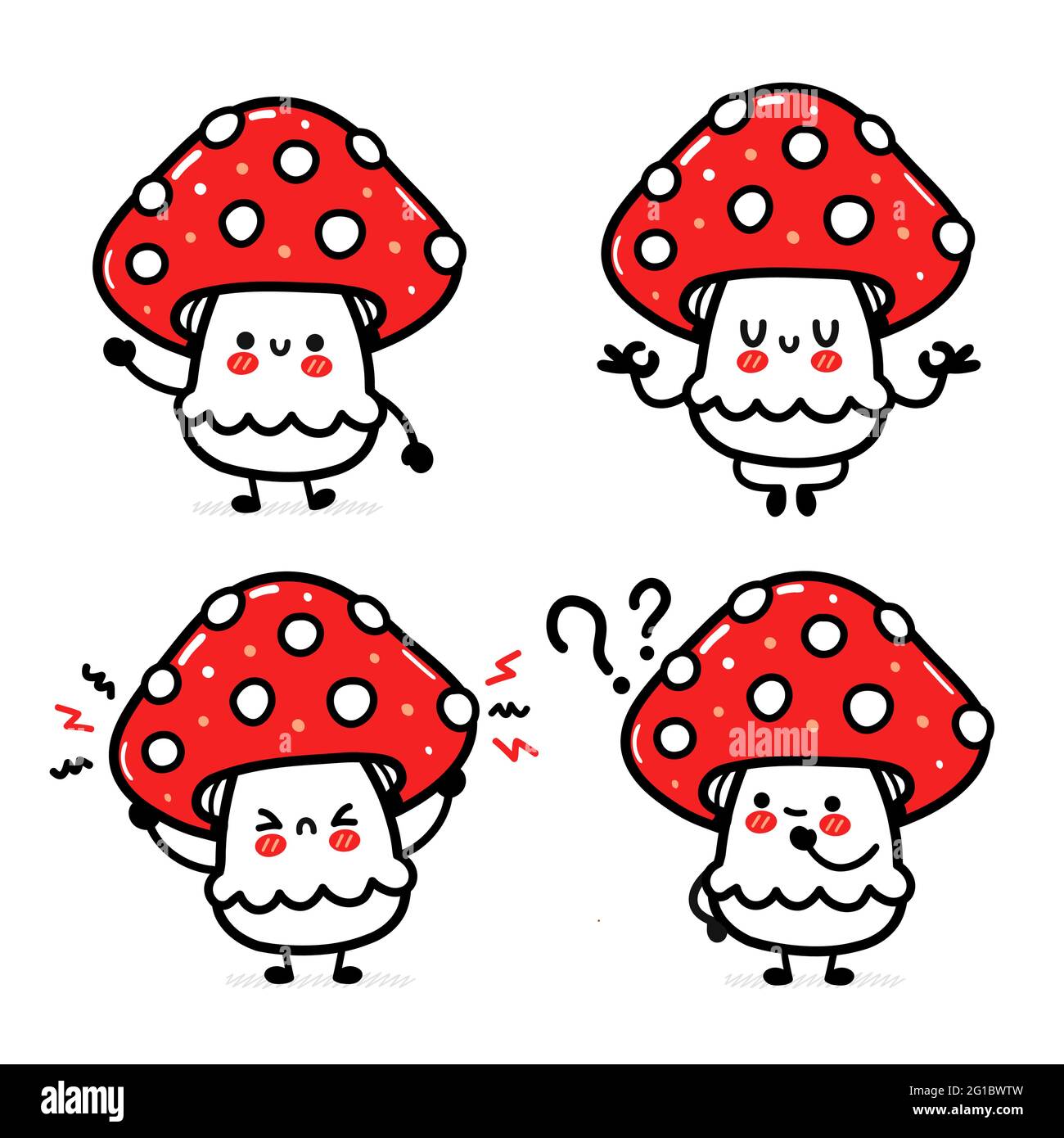 Carino divertente felice amanita raccolta di set di funghi. Icona raffigurante il carattere kawaii del fumetto disegnato a mano del vettore. Isolato su sfondo bianco. Divertente amanita fungo mascotte concetto pacchetto di caratteri Illustrazione Vettoriale