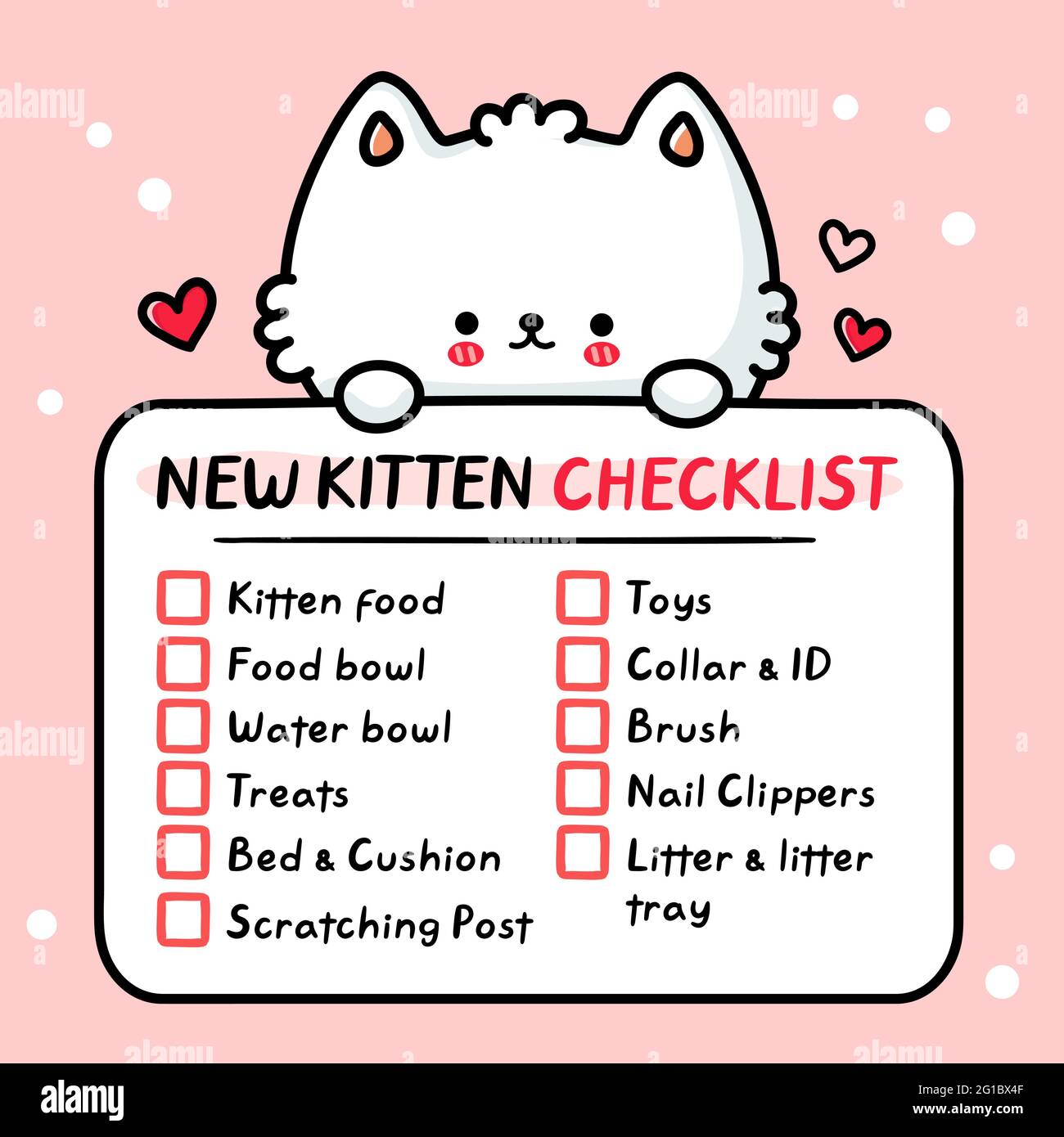 Carino divertente nuovo gatto kitten checklist. Icona raffigurante il carattere kawaii del fumetto disegnato a mano del vettore. Acquisto,adottare nuovo gatto, kitten animale domestico checklist adesivo, carta, poster concetto Illustrazione Vettoriale