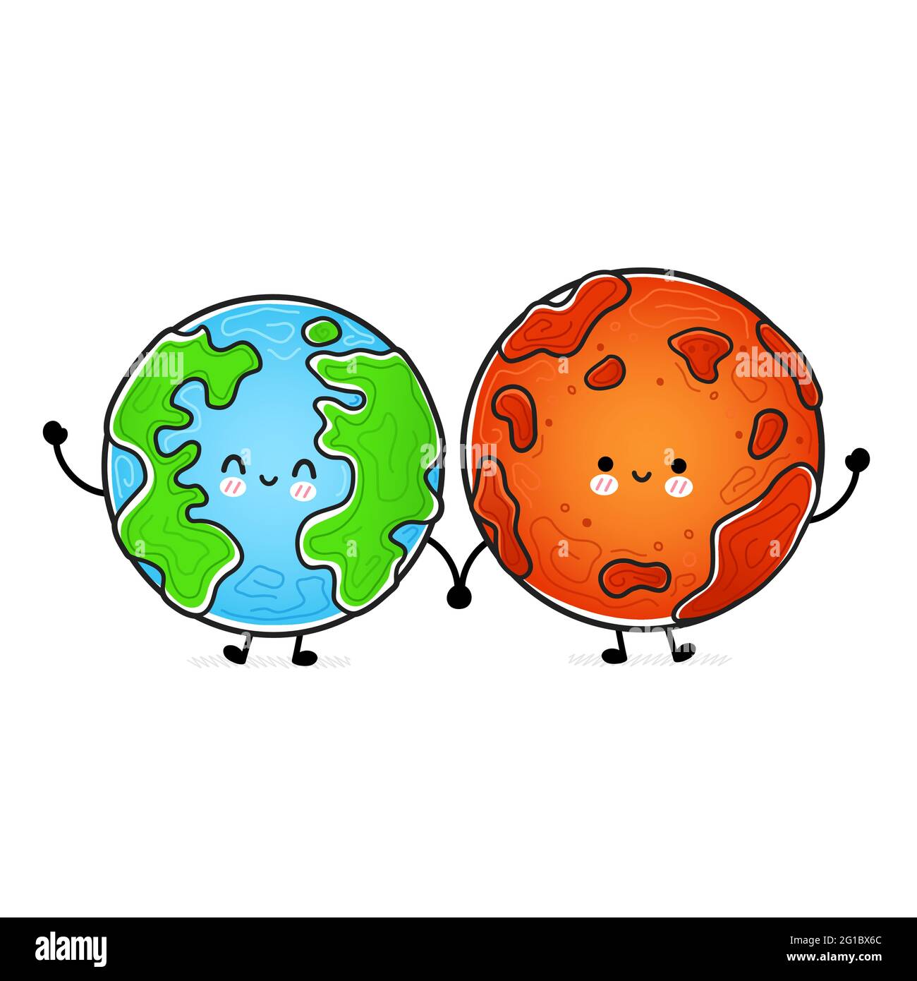 Cute divertente Felice Marte e pianeta Terra. Icona raffigurante il carattere kawaii del fumetto disegnato a mano del vettore. Isolato su sfondo bianco. Esplorazione spaziale, Marte e concetto di carattere del pianeta Terra Illustrazione Vettoriale