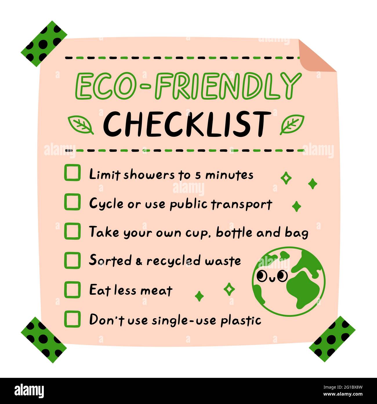 Lista di controllo ecocompatibile. Icona raffigurante il carattere kawaii del fumetto disegnato a mano del vettore. Suggerimenti per l'ecologia adesivo checklist, scheda, poster concetto Illustrazione Vettoriale