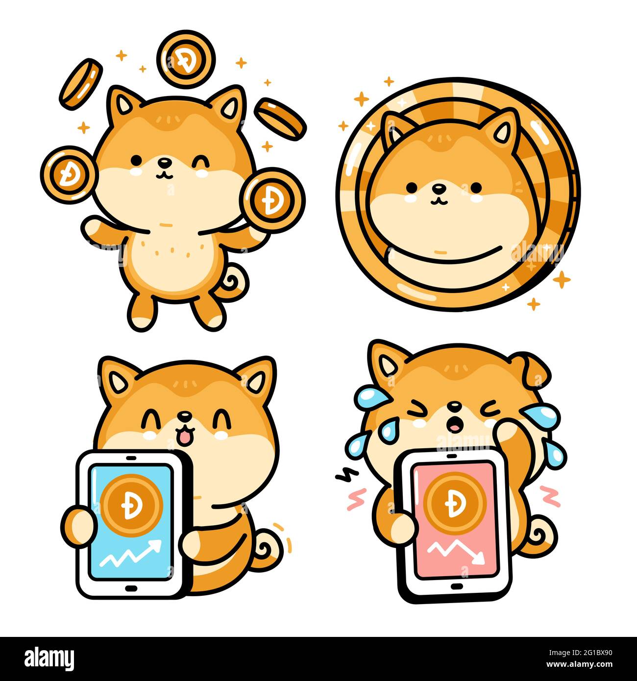 Carino divertente cane akita inu con carattere Dogecoin. Vettore disegno a mano cartoon kawaii personaggio illustrazione. Crypto valuta, dogecoin su e cadere in caratteri grafici Illustrazione Vettoriale