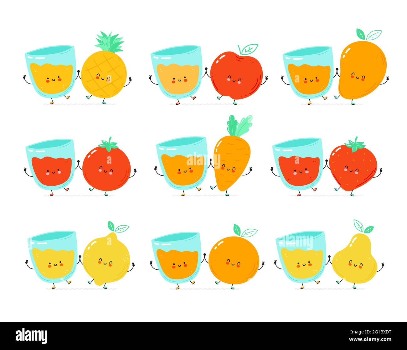 Carino frutta felice, verdure e bicchiere di succo. Isolato su sfondo bianco.immagine di stile disegnata a mano da un personaggio vettoriale cartoon. PEAR, fragola, pomodoro, mela, arancio, mango cartone animato concetto di carattere Illustrazione Vettoriale