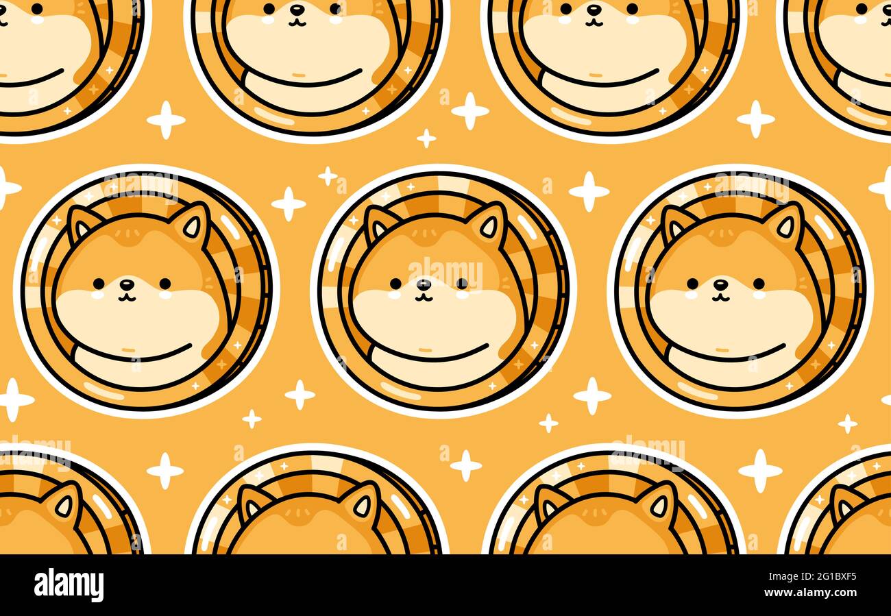 Simpatico simpatico simpatico personaggio dogecoin modello senza giunture. Icona raffigurante il carattere kawaii del fumetto disegnato a mano del vettore. Isolato su sfondo bianco. Crypto finance, concetto di modello di carattere Dogecoin Doodle Illustrazione Vettoriale