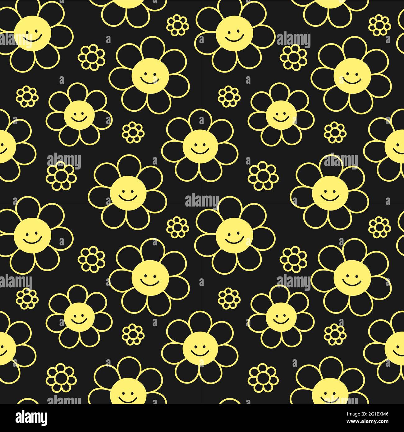 Carino fiori sorriso divertente su sfondo nero modello senza giunture. Grafica vettoriale a forma di cartoni animati piatti kawaii. Positivo sorriso fiori modello senza giunture concetto Illustrazione Vettoriale