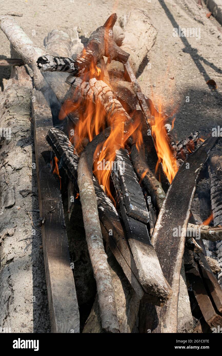 Primo piano di un mucchio di legna da ardere che brucia con fiamme arancioni e gialle. Punti di messa a fuoco selettivi. Sfondo sfocato Foto Stock