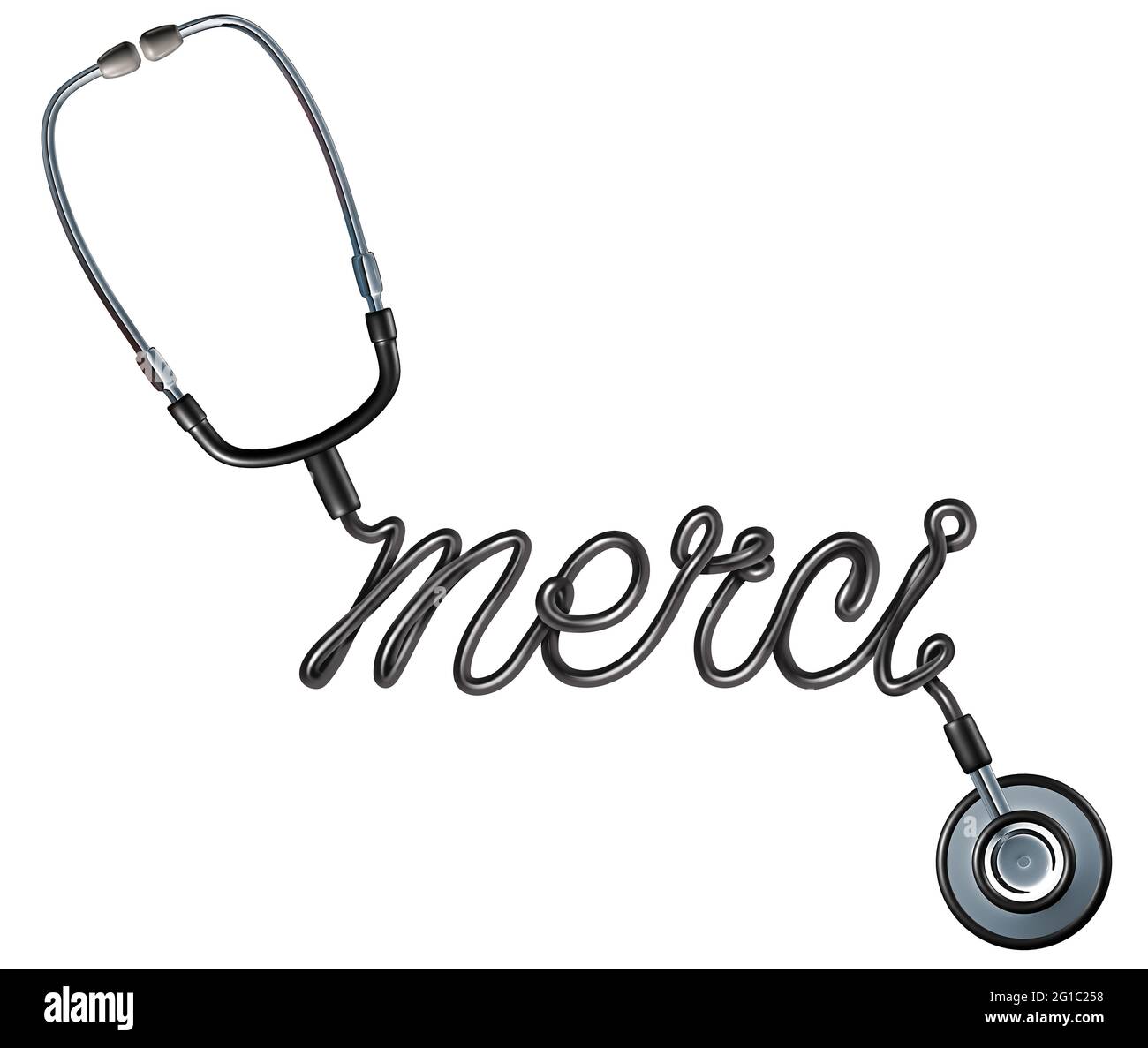 Sanità grazie come una parola francese con uno stetoscopio medico modellato come un testo di ringraziamento come un simbolo per l'apprezzamento degli operatori sanitari. Foto Stock