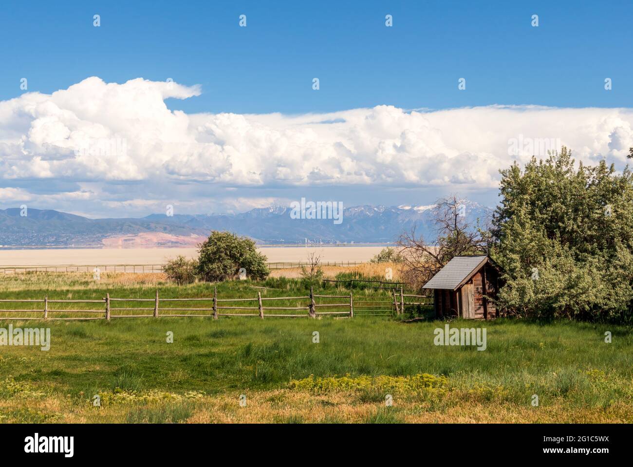 Storico Fielding Garr Ranch nell'Antelope Island state Park, Utah Foto Stock