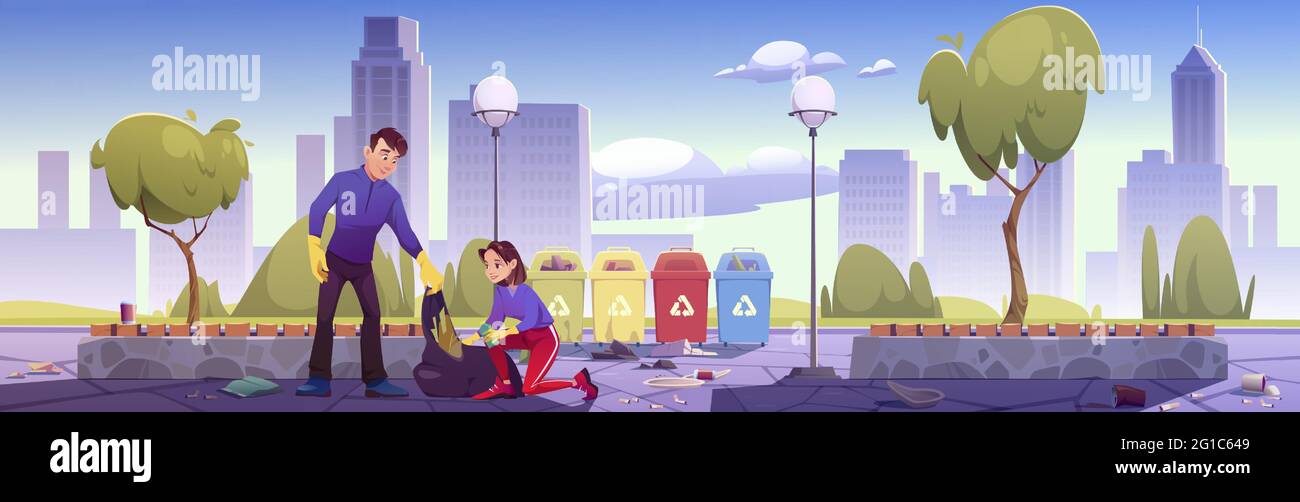 La gente pulisce il parco della città. L'uomo e la donna raccolgono i rifiuti in giardino pubblico e li mettono a riciclare i contenitori. Area urbana inquinata con rifiuti giacenti su terreno sotto alberi, Cartoon vettore illustrazione Illustrazione Vettoriale