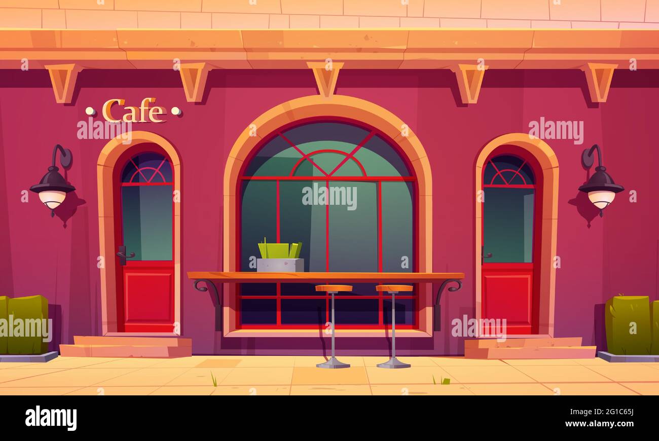 City cafe, esterno della caffetteria con banco bar esterno e alte sedie davanti alla finestra ad arco. Facciata caffetteria, edificio al piano terra con ampi vetri, design vintage, illustrazione vettoriale Cartoon Illustrazione Vettoriale