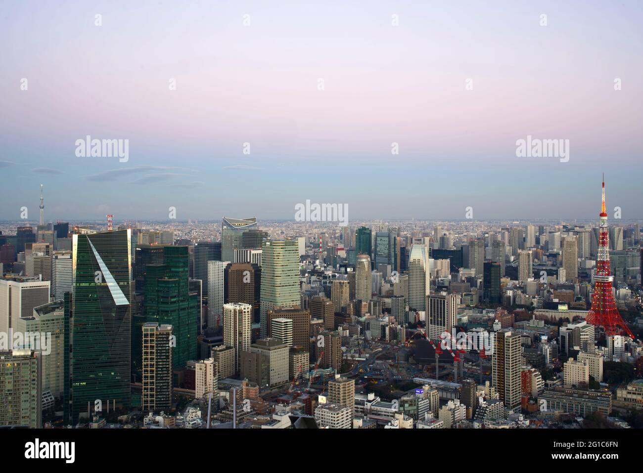 Vista dello skyline di Tokyo e della Torre di Tokyo, dal Tokyo City View Sky Deck della Torre Mori in serata dopo il tramonto, Roppongi Hills, Tokyo, Giappone Foto Stock