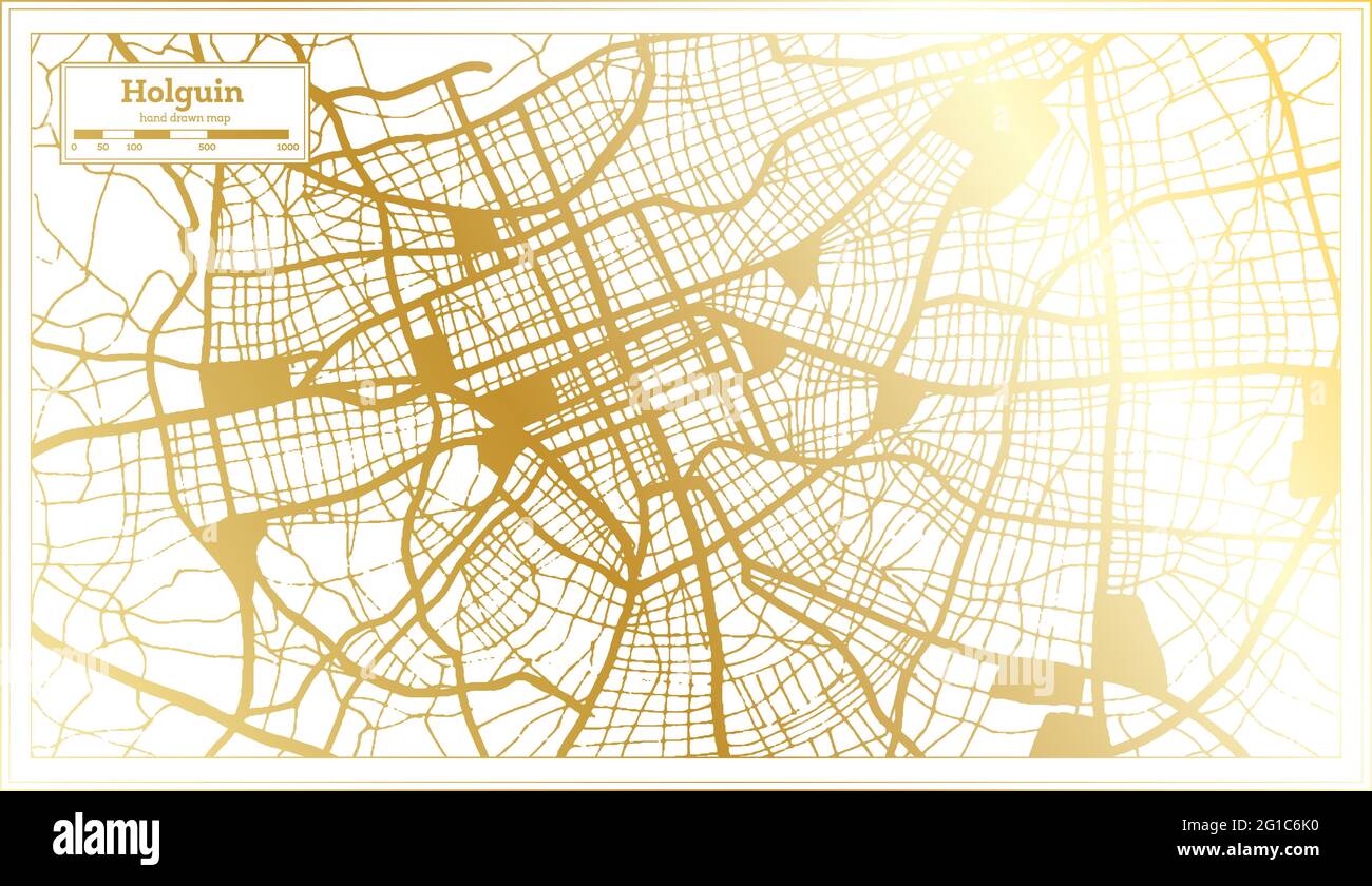 Mappa della città di Holguin Cuba in stile retro in colore dorato. Mappa di contorno. Illustrazione vettoriale. Illustrazione Vettoriale