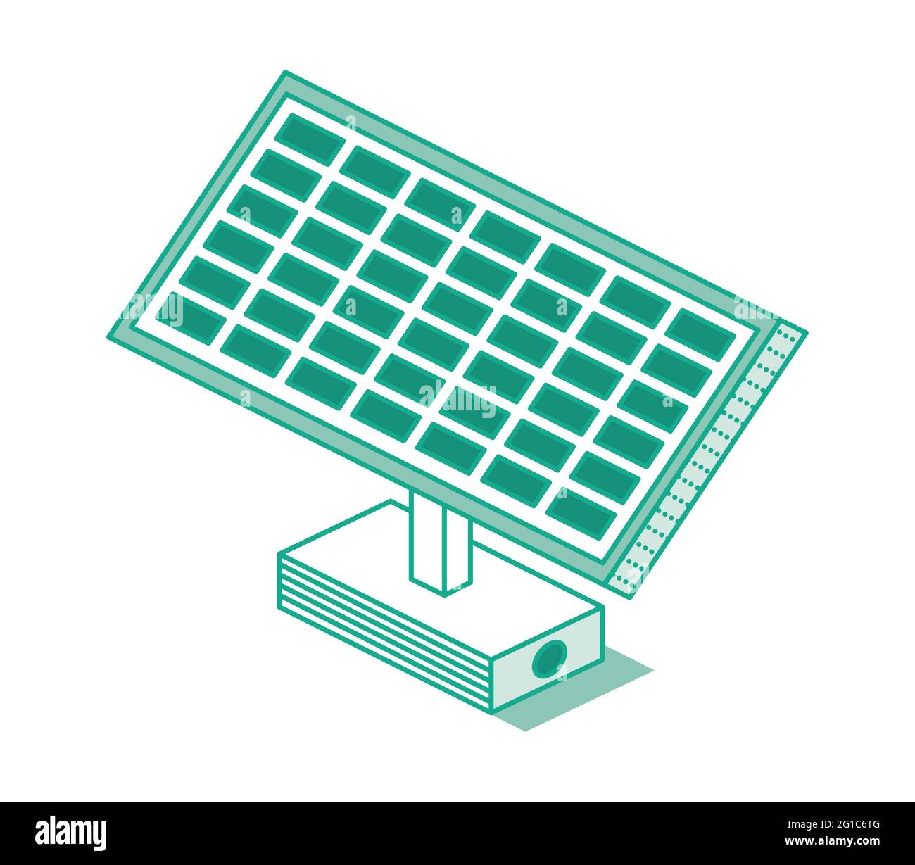 Pannello della batteria solare verde isometrico isolato su sfondo bianco. Illustrazione vettoriale. Generazione di energia pulita. Elemento infografico del contorno. Illustrazione Vettoriale