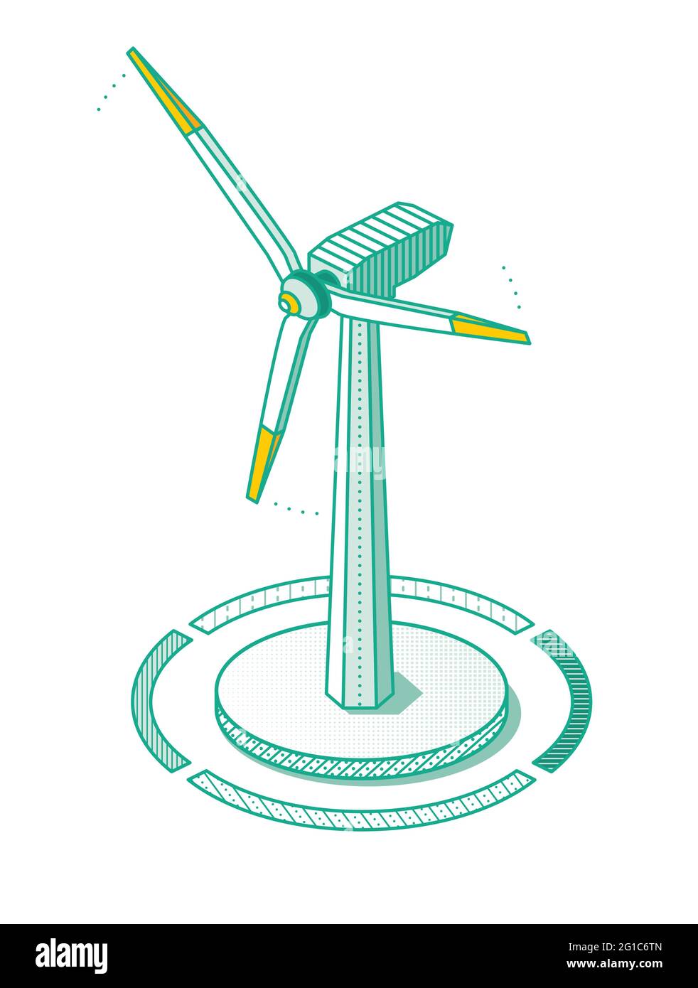 Centrale eolica isometrica isolata su sfondo bianco. Illustrazione vettoriale. La turbina eolica genera energia pulita. Elemento infografico del contorno. Illustrazione Vettoriale