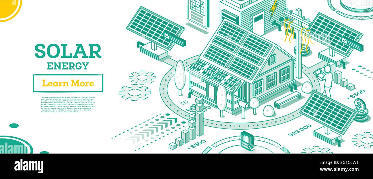 Pannelli di energia solare sul tetto della casa. Il concetto Isometrico dell'energia verde rinnovabile è isolato su sfondo bianco. Illustrazione vettoriale. Sostenibile. Illustrazione Vettoriale