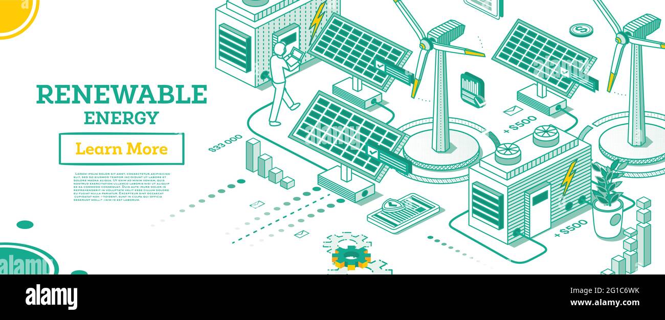 Il concetto Isometrico dell'energia verde rinnovabile è isolato su sfondo bianco. Illustrazione vettoriale. Pannelli solari e centrali eoliche. Ecologico sostenibile Illustrazione Vettoriale