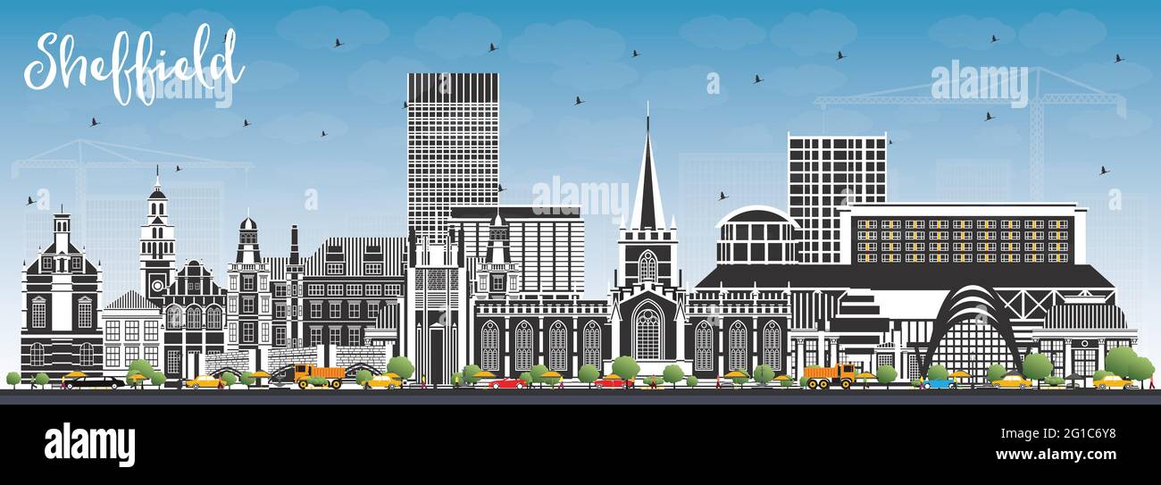 Sheffield UK City Skyline con edifici a colori e Blue Sky. Illustrazione vettoriale. Sheffield South Yorkshire con monumenti storici. Viaggi d'affari Illustrazione Vettoriale