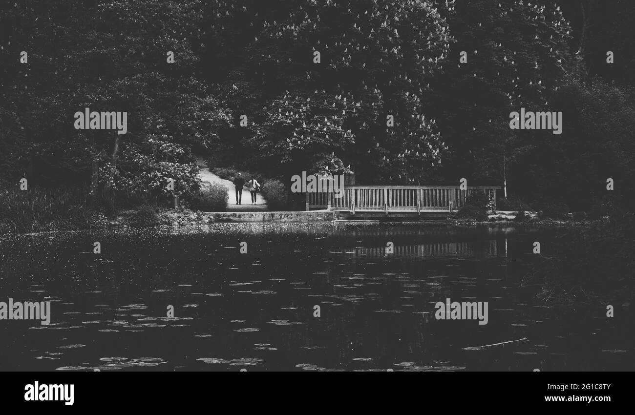 Parco ciclabile e skate al Castello di Borbeck in un parco deserto e surreale. Poster panorama orrore, visivamente mozzafiato nel Ruhrport. Foto Stock