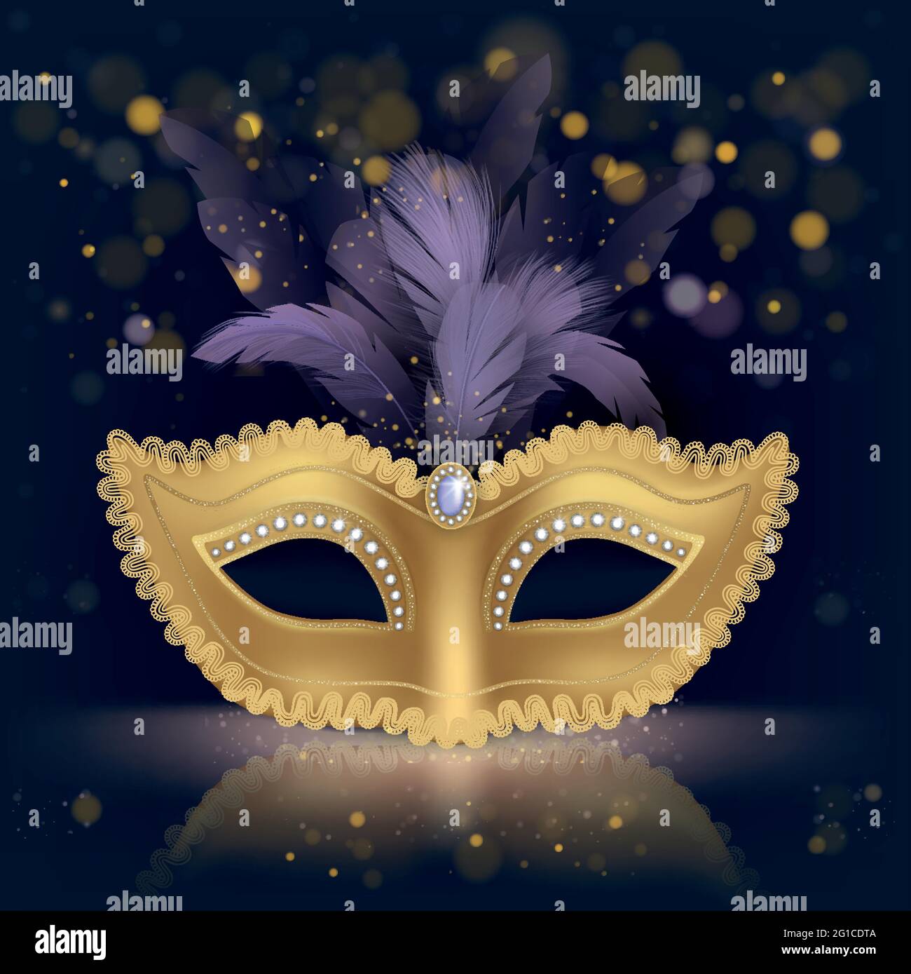 Maschera di seta dorata a mezza faccia colombina decorata con pietre preziose e piume viola vettore realistico su sfondo scuro con scintille d'oro. Carnevale veneziano, festa in costume vestendo illustrazione Illustrazione Vettoriale