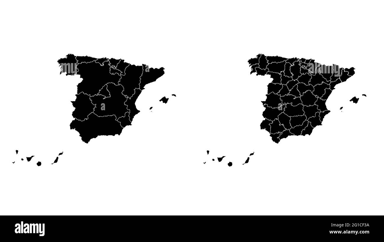 Spagna mappa comunale, regione, divisione di stato. Bordi amministrativi, contorno nero su sfondo bianco illustrazione vettoriale. Illustrazione Vettoriale