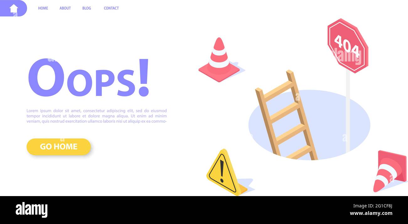 Informazioni sulla pagina Web errore 404. Box scale, coni stradali e cartello segnaletico. Illustrazione vettoriale isometrica piatta. Illustrazione Vettoriale