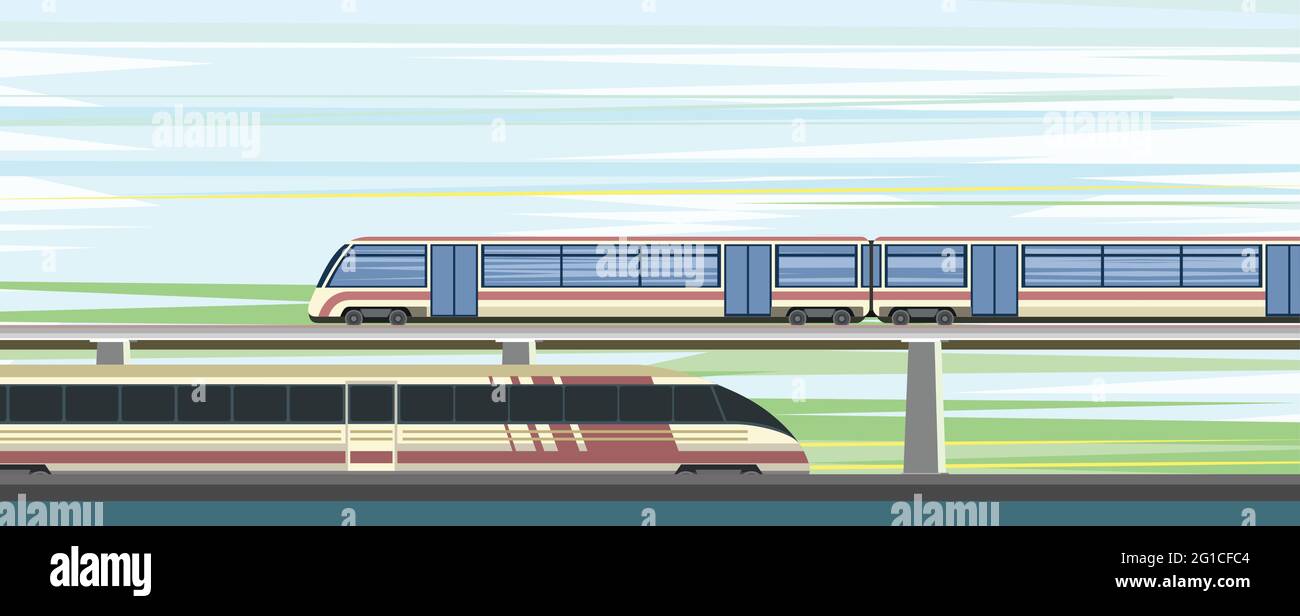 Treno ad alta velocità sul ponte. Trasporto suburbano. Ferrovia con una locomotiva. Veloce. Moderno paesaggio all'aperto. Paesaggio urbano con la strada. Des. Tipo piatto Illustrazione Vettoriale