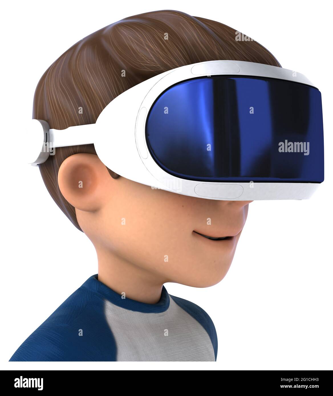 Divertente illustrazione 3D di un bambino di cartoni animati con una realtà virtuale casco Foto Stock