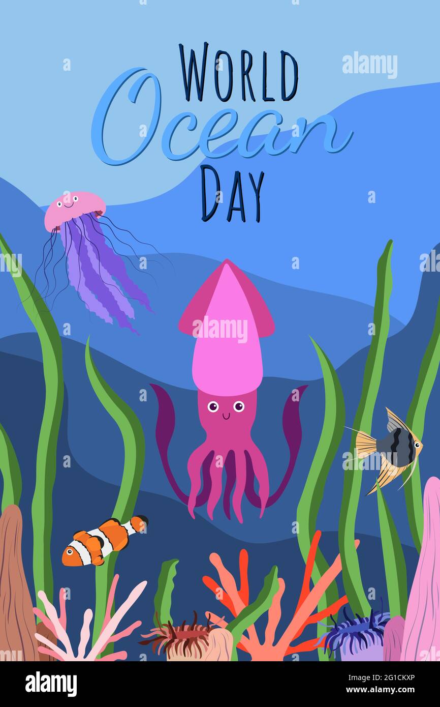 Giornata mondiale dell'oceano in stile cartoon su sfondo blu con simpatici calamari, meduse, pesci pagliaccio e scalari, alghe e coralli. Orientamento verticale rettangolo. Grafico vettoriale. 8 giugno. Illustrazione Vettoriale