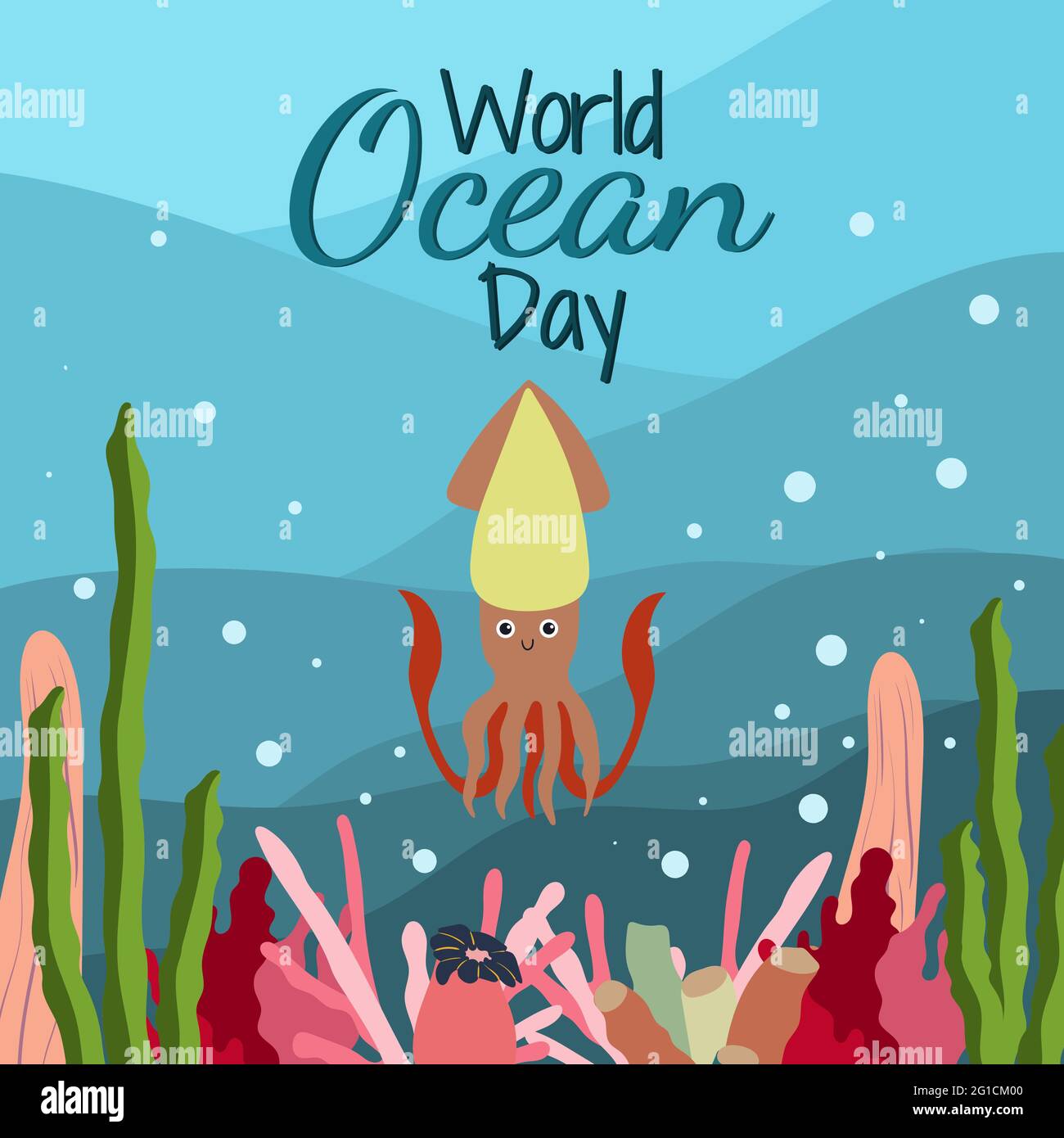 Giornata mondiale dell'oceano in stile cartoon su sfondo blu con simpatici calamari, alghe e coralli. Orientamento quadrato. Grafico vettoriale. 8 giugno. Illustrazione Vettoriale