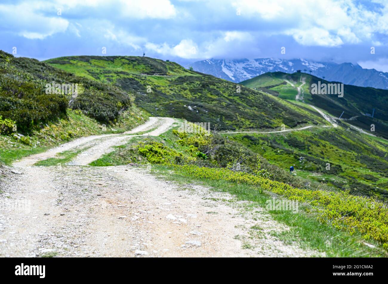 Una pista pianeggiante da trekking circondata da verdi pascoli sull'altopiano dell'Alpe di Mera in Valsesia, Piemonte, Italia in estate Foto Stock
