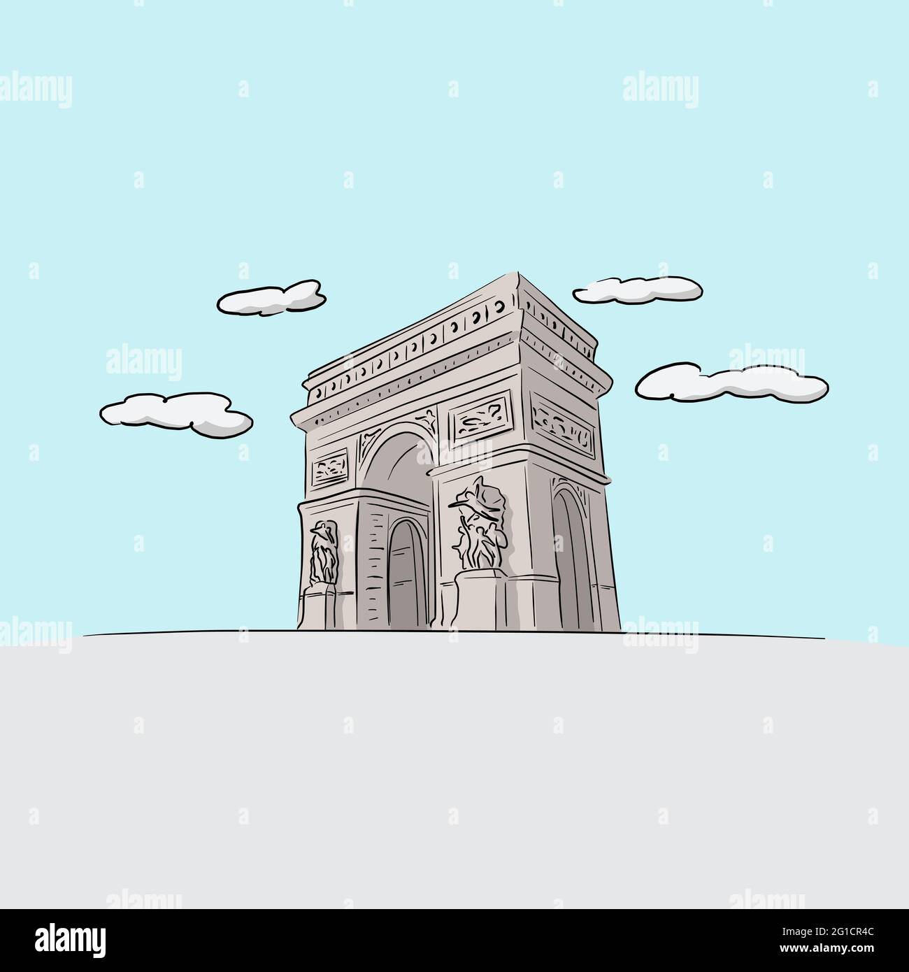 Famoso Arc de Triomphe Parigi disegnato a mano con linee nere illustrazione vettore Illustrazione Vettoriale