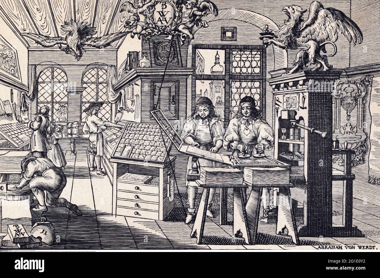 Tecnica, tipografia, laboratorio di stampa di Augusta, taglio di legno di Abraham von Werdt, 1676, DIRITTI-AGGIUNTIVI-INFORMAZIONI-DI-LIQUIDAZIONE-NON-DISPONIBILI Foto Stock