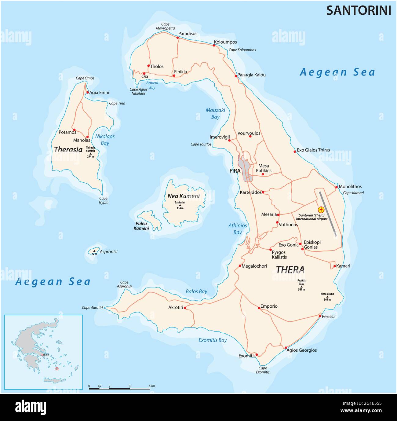 Mappa vettoriale dell'arcipelago di Santorini nel Mar Egeo meridionale, Grecia Illustrazione Vettoriale