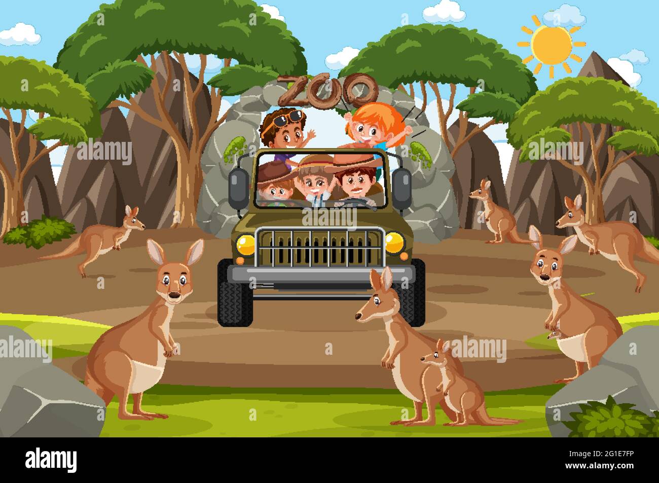 Safari scena con i bambini in auto turistica guardando kangaroo gruppo illustrazione Illustrazione Vettoriale