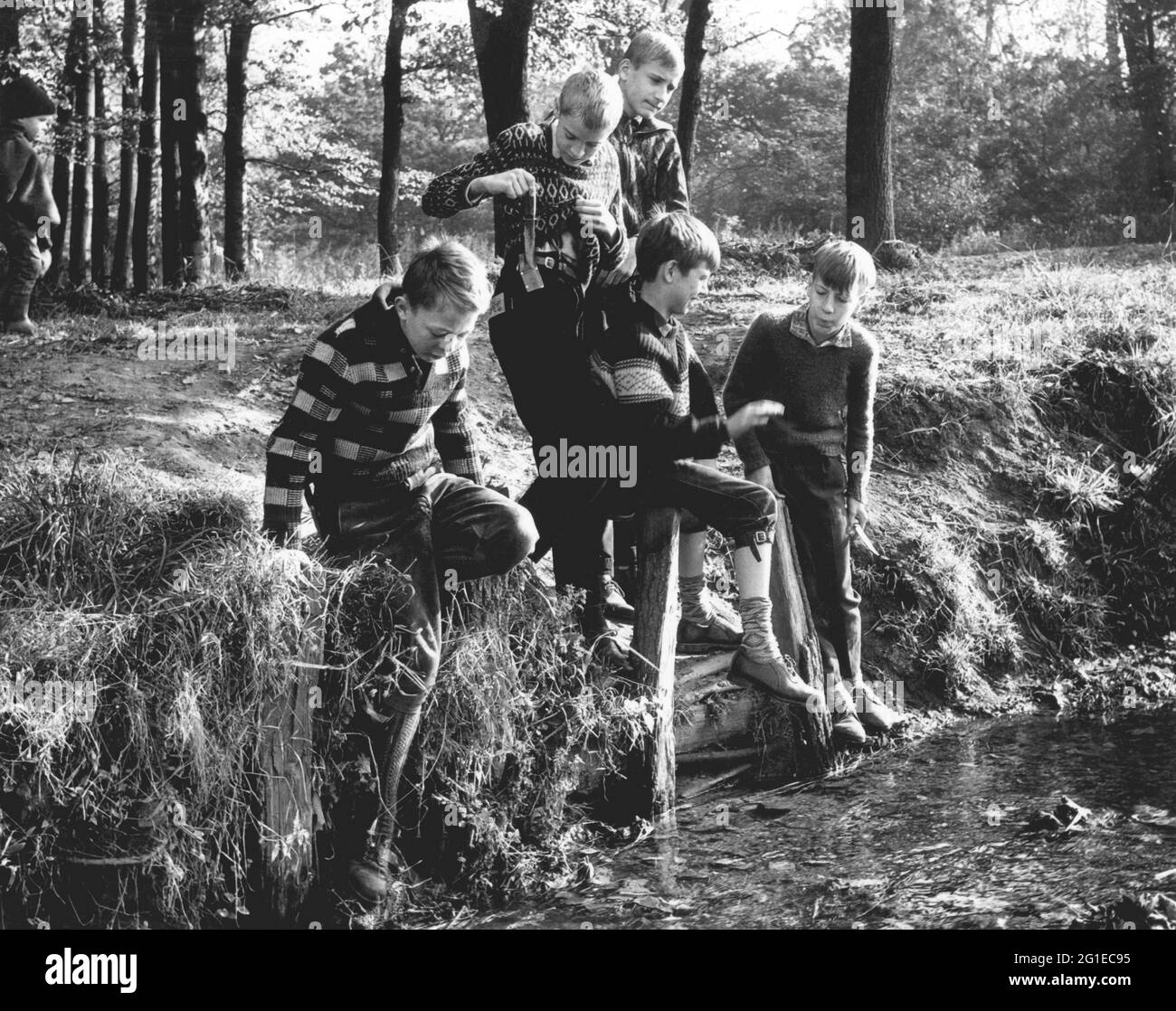 Persone, bambini, giocare, gruppo di ragazzi in un torrente nella foresta, Germania, anni 60, DIRITTI-AGGIUNTIVI-AUTORIZZAZIONE-INFORMAZIONI-NON-DISPONIBILI Foto Stock