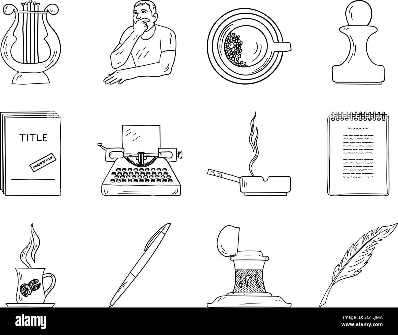 Set di icone del writer. Disegno di schizzo di Doodle disegnato a mano. Illustrazione vettoriale. Illustrazione Vettoriale