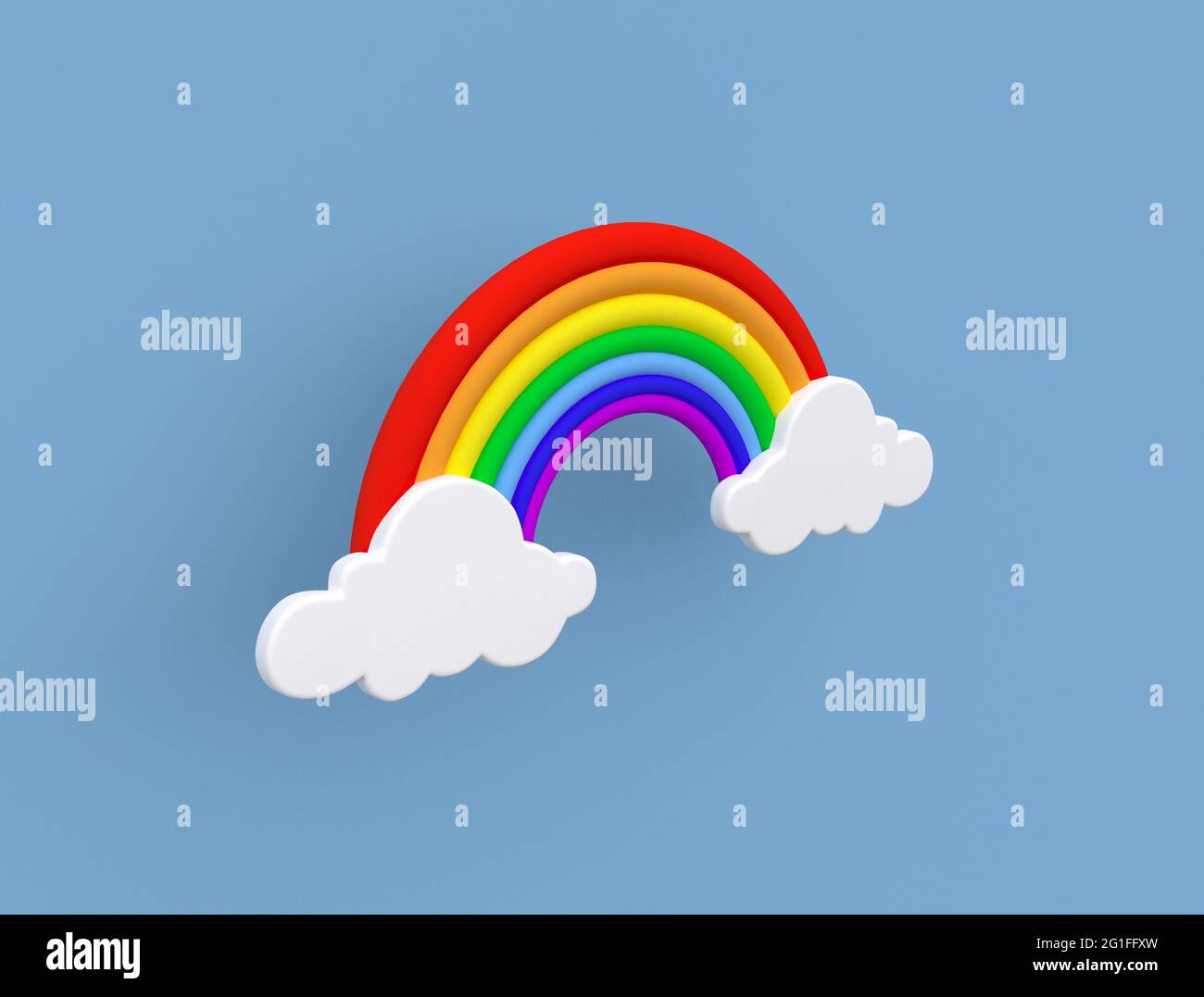 Arcobaleno e nuvole. Arcobaleno colorato su sfondo blu. Stile creativo minimo. Concept per previsioni meteo, vacanze estive e viaggi, LGBT comm Foto Stock