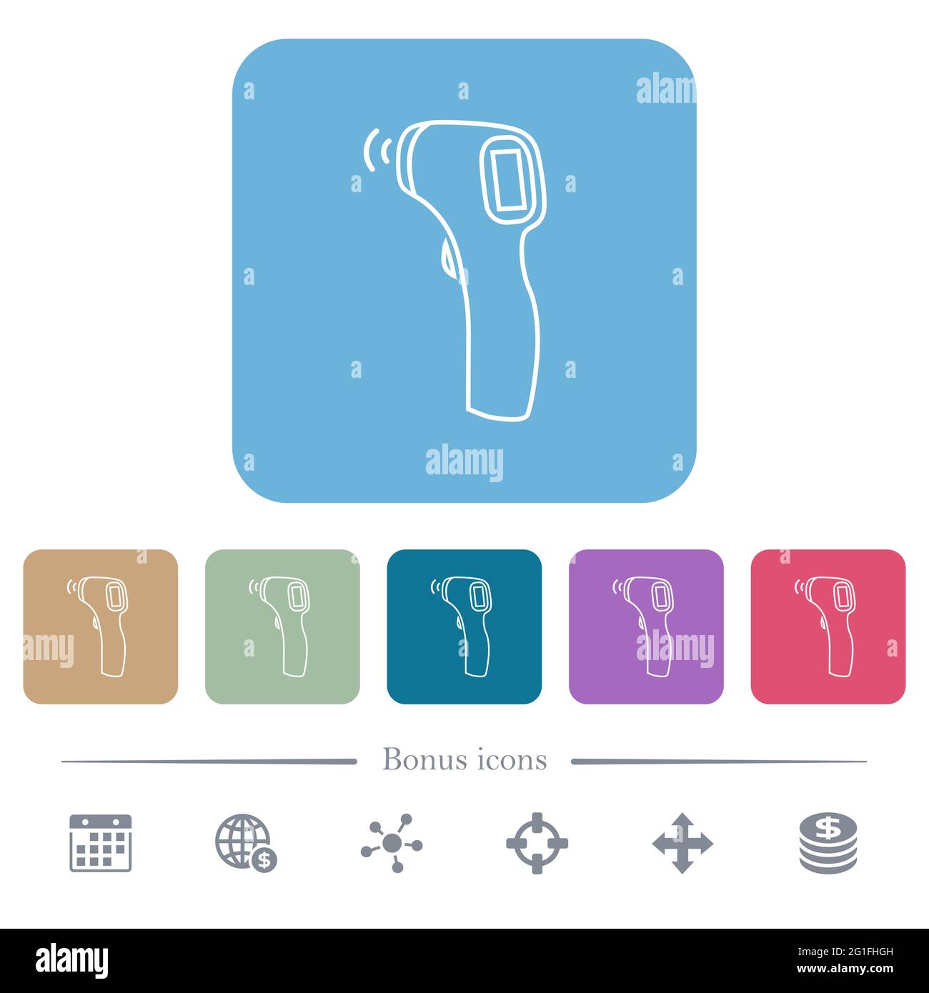 Termometro senza contatto icone piatte bianche su sfondi quadrati arrotondati di colore. 6 icone bonus incluse Illustrazione Vettoriale