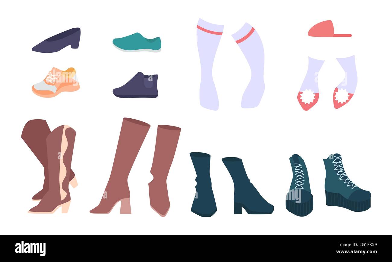Set vettoriale di scarpe da donna, elementi di design piatti. Categoria moda Shoewear. Diversi tipi di stivali, cappelli, pompe - vista frontale e laterale Illustrazione Vettoriale