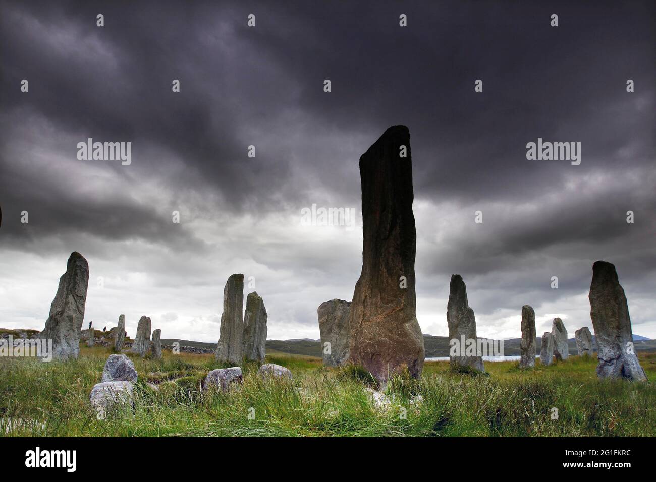 Cerchio di pietre di Callanish, pietre di Callanish, cielo drammatico, cultura megalitica, età neolitica, Luogo di culto, Callanish, Breasclete, Isola di Foto Stock