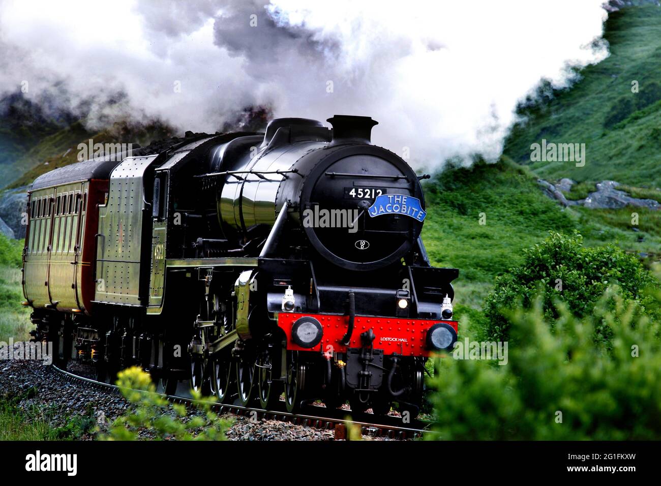 Jacobite Express, locomotiva a vapore, ferrovia, treno, West Highland Line, Harry Potter Hogwarts Express, Highlands, Highland, Scozia, Gran Bretagna Foto Stock