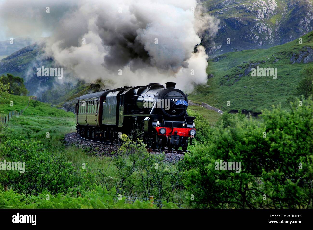 Jacobite Express, locomotiva a vapore, ferrovia, treno, West Highland Line, Harry Potter Hogwarts Express, Highlands, Highland, Scozia, Gran Bretagna Foto Stock